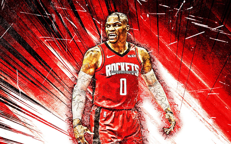 Russell Westbrook, grunge art, Houston Rockets, 2020, NBA, red astract rays, basketball stars, Russell Westbrook III, basketball, USA, Russell Westbrook Houston Rockets, creative, Russell Westbrook, HD wallpaper