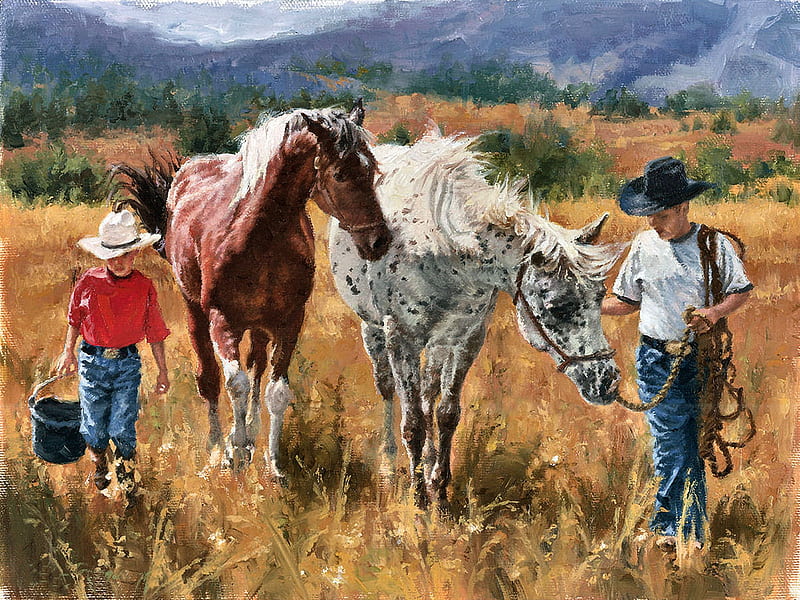 In Good Hands, art, paint, equine, bonito, horse, appaloosa, artwork, animal, boys, painting, wide screen, HD wallpaper