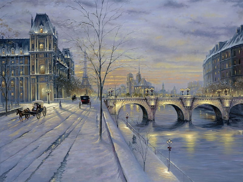 Paris in Winter, bleak, bridge, Paris, twilight, white, lights, winter, cold, HD wallpaper