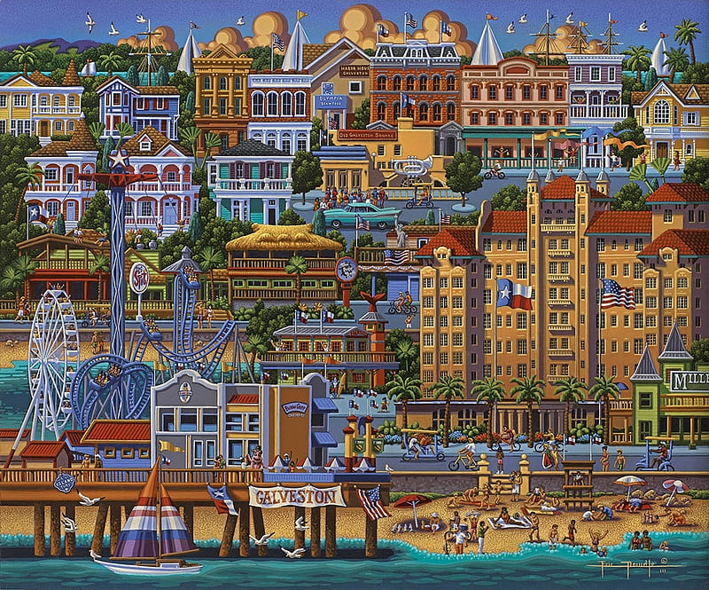 Galveston, art, city, orange, painting, eric dowdle, pictura, blue, HD wallpaper