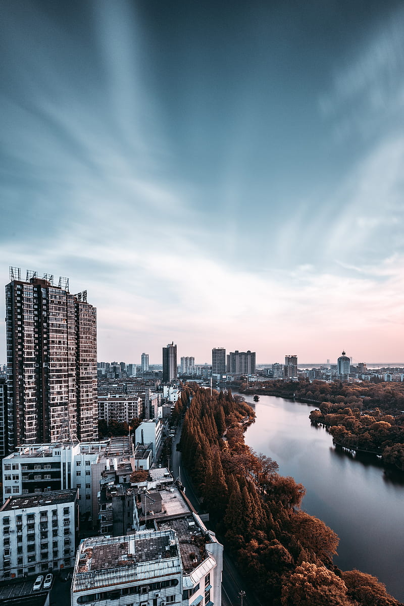 city, aerial view, river, trees, sky, HD phone wallpaper