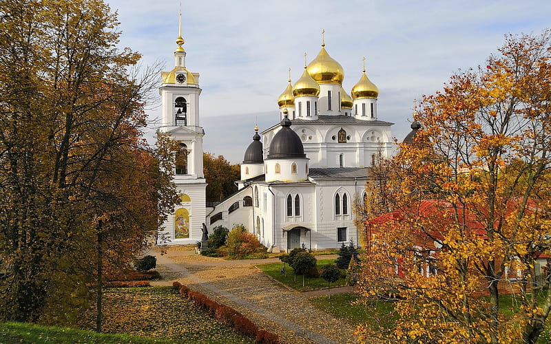 Church in Russia, domes, gold, autumn, Russia, clock, bell, church, HD wallpaper