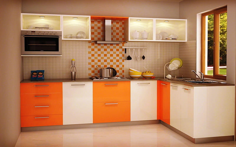 Indian Kitchen, Album, Drawers, Brown, Sink, Orange, White, Windows, HD wallpaper