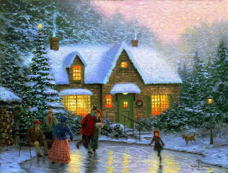 ★Skater's Pond★, pretty, Christmas, christmas tree, lovely, white trees, houses, colors, love four seasons, bonito, xmas and new year, winter, hollidays, paintings, winter holidays, people, ice skating, HD wallpaper