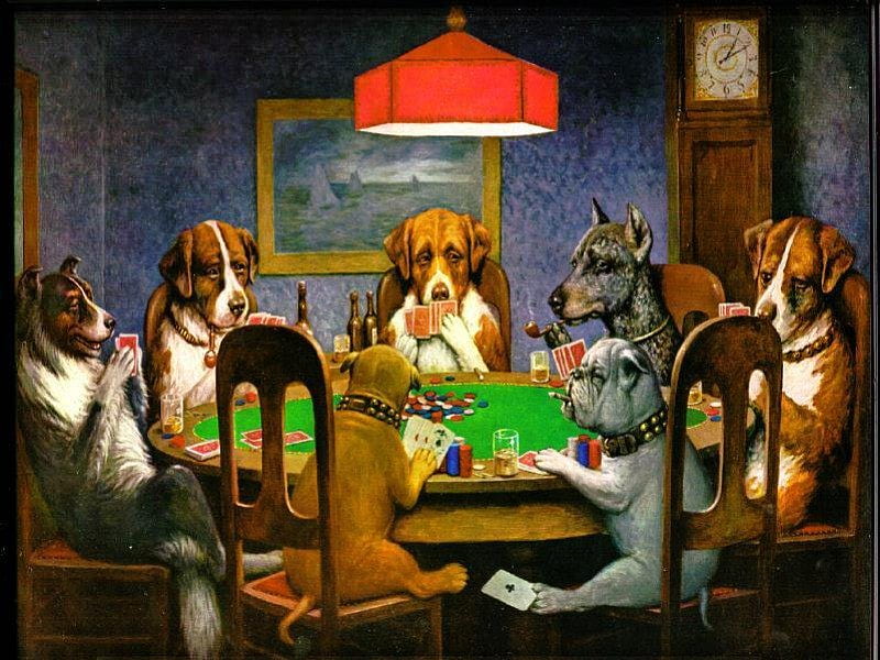 Dogs Playing Poker, table, poker game, hanging lamp, cards, clock, dogs, HD wallpaper