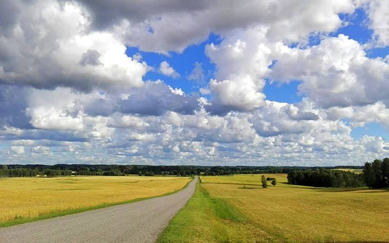 Road in Kurzeme, Latvia, Latvia, fields, clouds, road, HD wallpaper