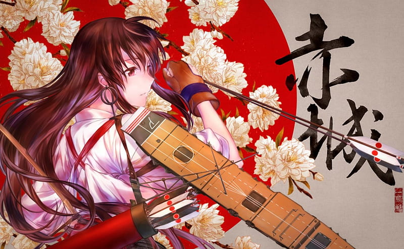 Kantai Collection, red, pretty, art, female, lovely, japanese, bonito, woman, arrows, cute, girl, anime, flowers, beauty, lady, long hair, HD wallpaper