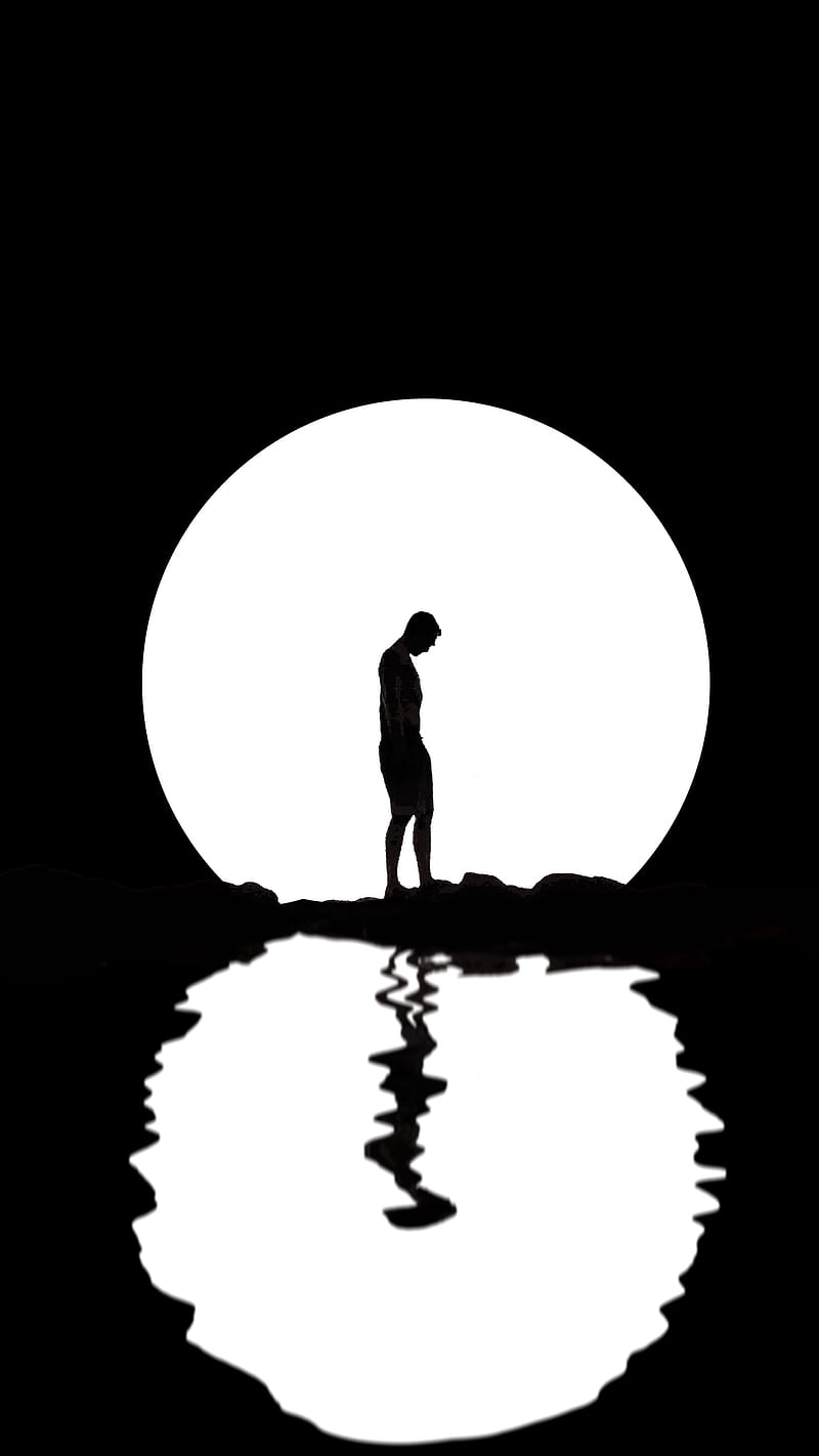 Alone, man, moon, silhouette, standing, white moon, HD phone wallpaper