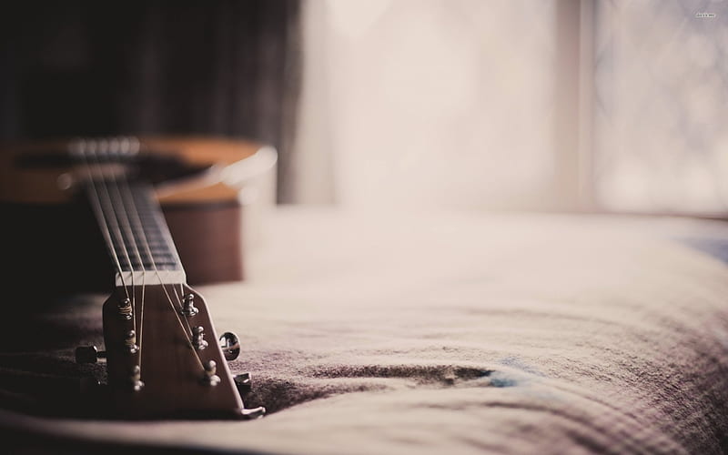 guitar on the bed, window, guitar, sheet, bed, HD wallpaper