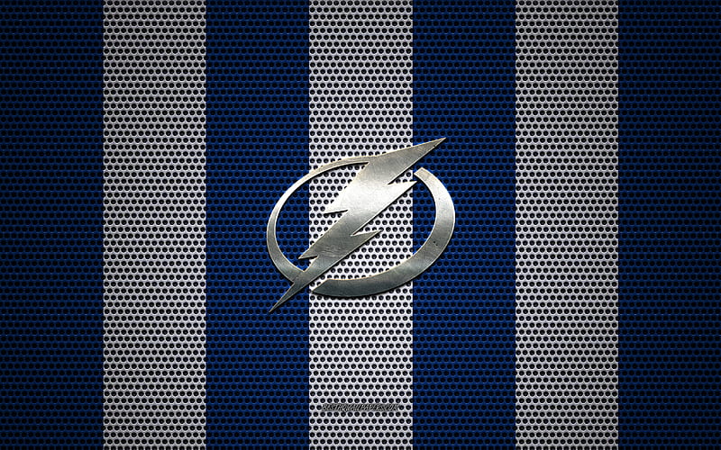 Tampa Bay Lightning logo, American hockey club, metal emblem, blue and white metal mesh background, Tampa Bay Lightning, NHL, Tampa, Florida, USA, hockey, HD wallpaper