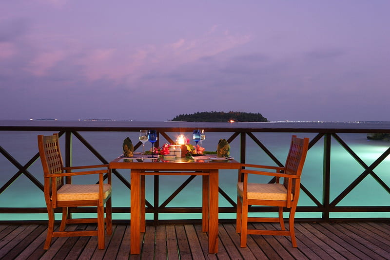 Romantic Sea Front Dining, polynesia, resort, restuarant, dusk, sunset, eat, sea, candlelights, lights, lagoon, dining, evening, blue, night, hotel, exotic, islands, romantic, view, romance, food, ocean, pacific, south, table for two, candles, paradise, dine, island, tropical, HD wallpaper