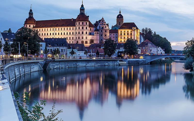 Neuburg, houses, river, embankment, evening, bridge, Germany, HD wallpaper