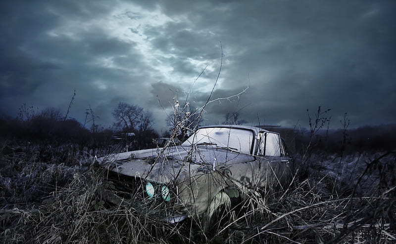car wreck, darkness, dark weather, field, outdoors, Landscape, HD wallpaper