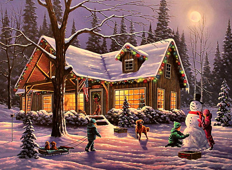 Snow Traditions F5Cmp, Christmas, art, holiday, December, snowman, illustration, artwork, canine, winter, snow, painting, wide screen, occasion, scenery, dog, HD wallpaper