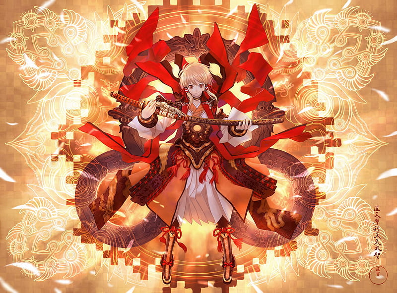 Fire Godess Aryes, red, fire, female, girl, anime, katana, magic, sword, HD wallpaper