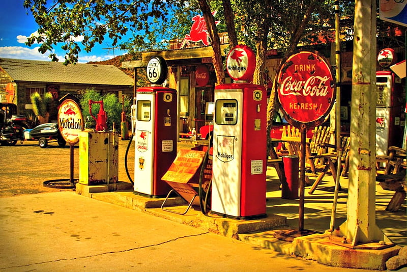 Route 66 Gas Station, Abstract, graphy, Vintage and Retro, Road, HD wallpaper