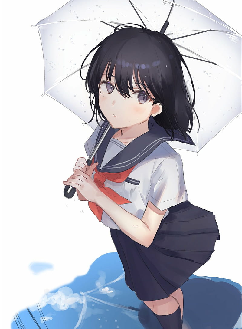 anime, anime girls, Oyuyu, dark hair, umbrella, school uniform, HD phone wallpaper