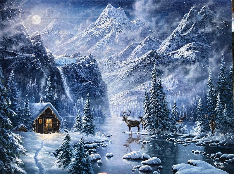 Winter Paradise, deer, mountains, snow, painting, cabin, trees, artwork, HD wallpaper