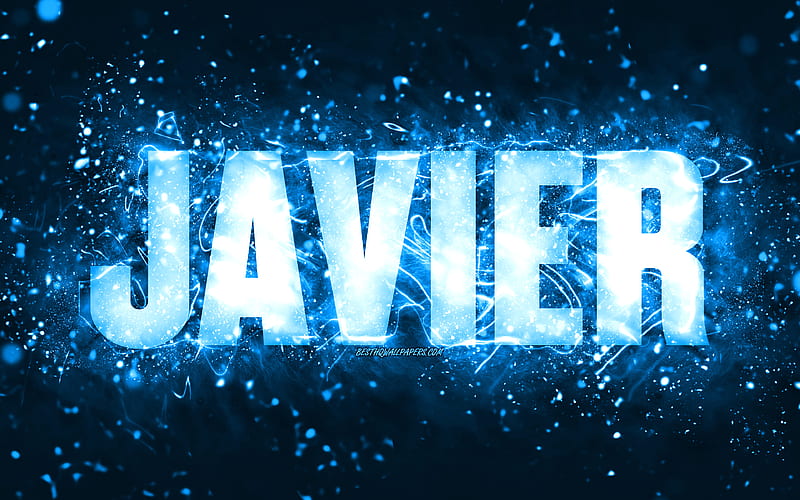 Happy Birtay Javier, blue neon lights, Javier name, creative, Javier Happy Birtay, Javier Birtay, popular american male names, with Javier name, Javier, HD wallpaper