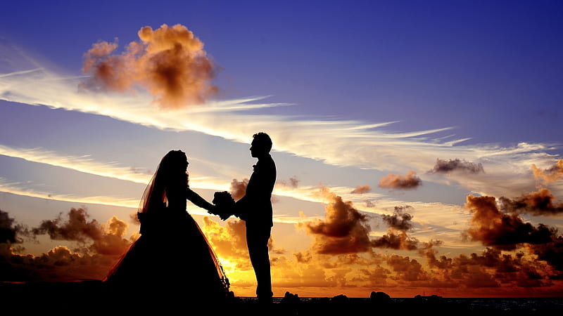 :-), cloud, orange, bride, black, sunset, sky, wedding, silhouette, vara, love, summer, blue, couple, HD wallpaper