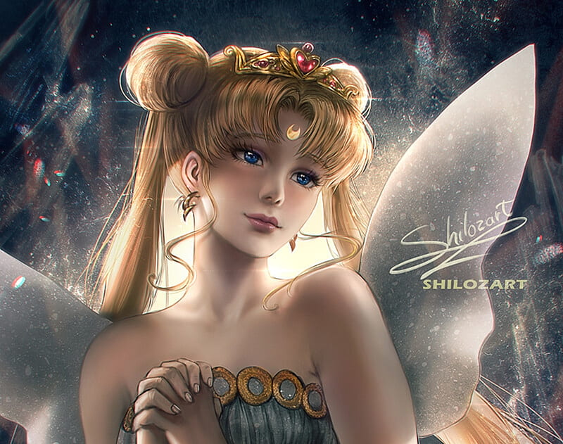 Princess Serenity, luminos, anime, blonde, manga, sailor moon, felicia popescu, wings, fantasy, face, HD wallpaper