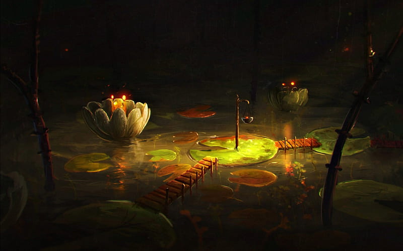 The lake, art, lotus, orange, sylar113, lake, leaf, fantasy, water, green, bridge, dark, painting, flower, light, night, HD wallpaper
