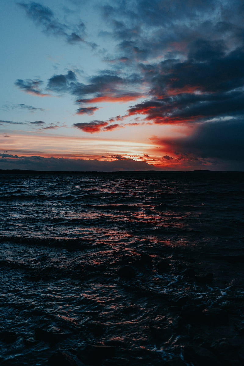 sea, surf, sunset, horizon, waves, clouds, HD phone wallpaper