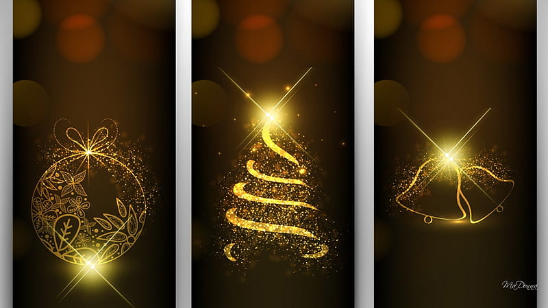 Golden Christmas Bright, stars, feliz navidad, christmas, new years, xmas, tree, gold, decorations, bright, bells, HD wallpaper