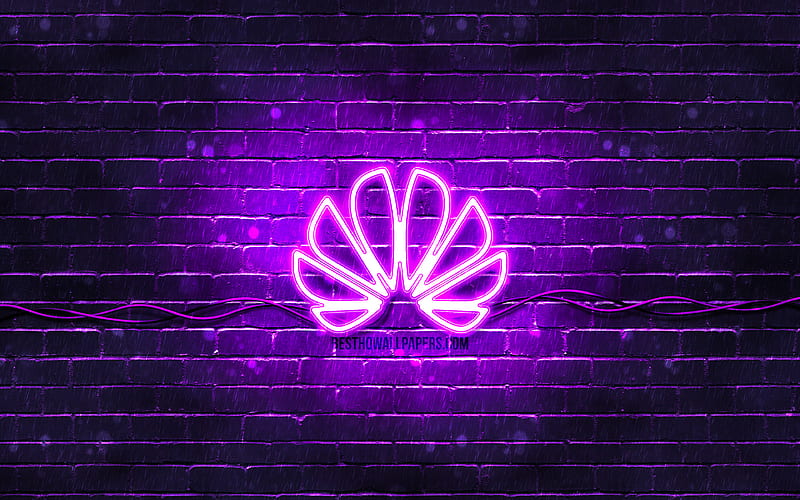 Huawei violet logo violet brickwall, Huawei logo, brands, Huawei neon logo, Huawei, HD wallpaper