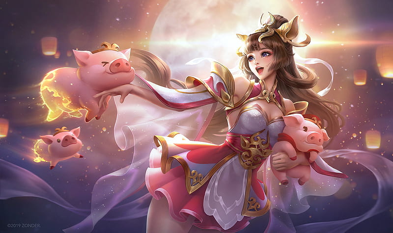 Farewell 2019, 2019, fantasy, pig, pigley, zonder art, girl, year of the pig, pink, chinese zodiac, HD wallpaper