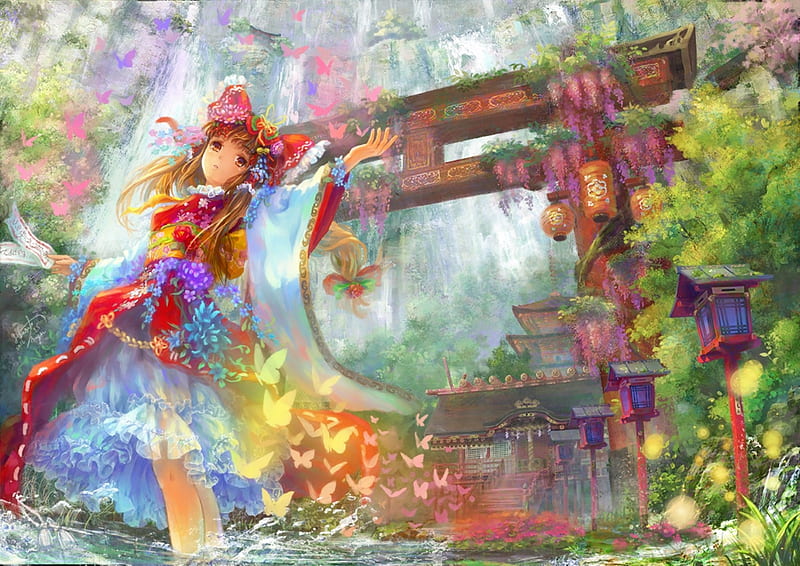 Magical Garden, red, pretty, colorful, dress, orange, tie, yellow, bonito, woman, green, anime, flowers, beauty, anime girl, pink, japanese garden, blue, gate, japan, female, lovely, japanese, ribbon, etty, colors, butterflies, girl, garden, nature, lady, white, HD wallpaper