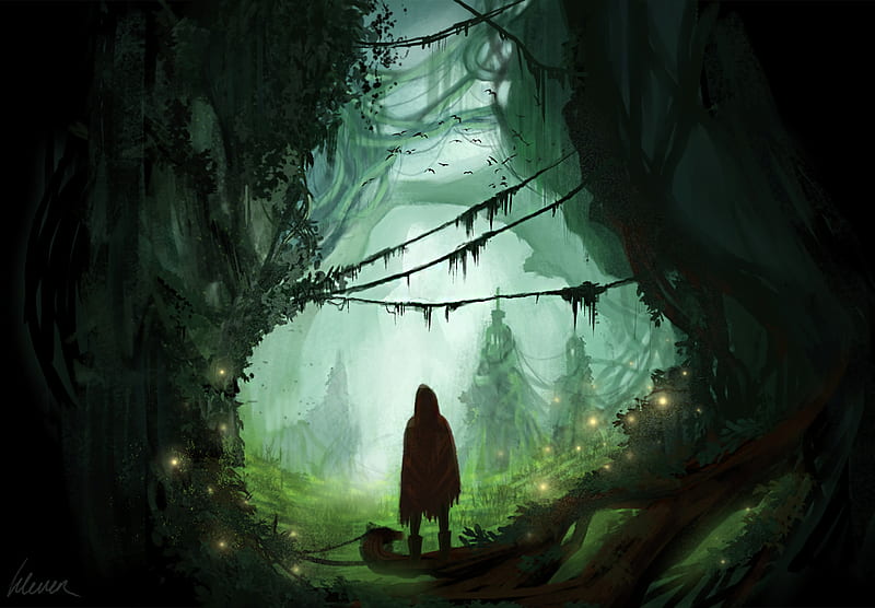 silhouette, forest, art, fog, HD wallpaper