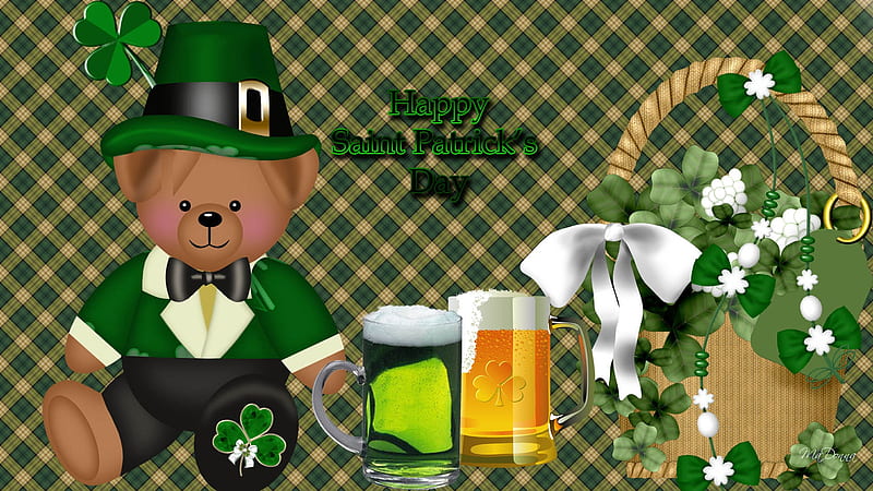 Saint Patricks Day Brew, irish, ribbon, green beer, shamrock, plaid, green, basket, flowers, luck, beer, teddy bear, st patrick, saint patricks day, HD wallpaper