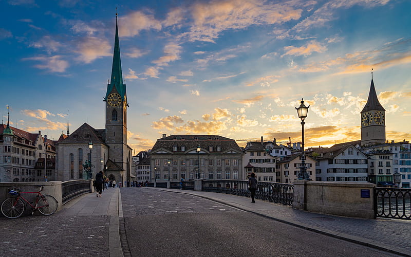Zurich, Fraumunster, church, evening, sunset, chapel, bridge, Switzerland for with resolution . High Quality, HD wallpaper