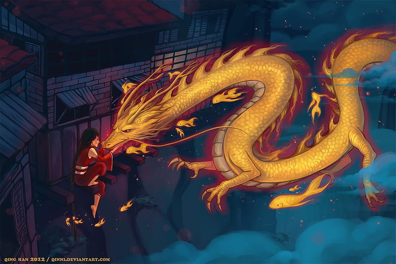 Fire Dragon, luminos, manga, yellow, dragon, fire, fantasy, girl, anime, qinni, blue, HD wallpaper