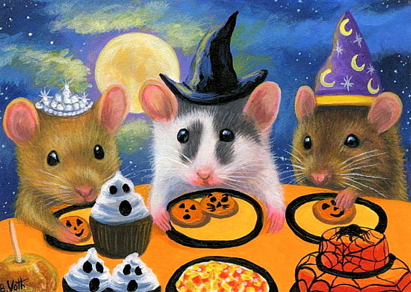 The Halloween Party, food, mouse, table, hats, moon, painting, artwork, HD wallpaper