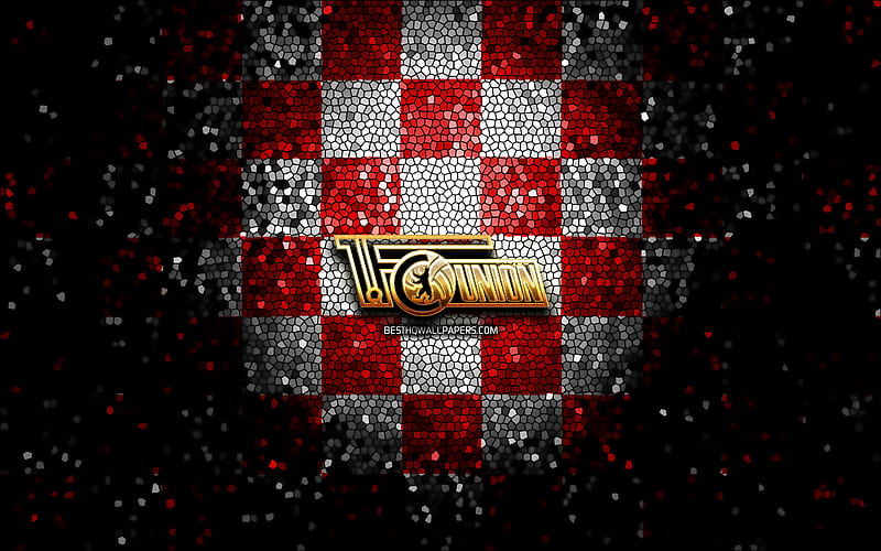 Union Berlin FC, glitter logo, Bundesliga, red white checkered background, soccer, FC Union Berlin, german football club, Union Berlin logo, mosaic art, football, Germany, HD wallpaper