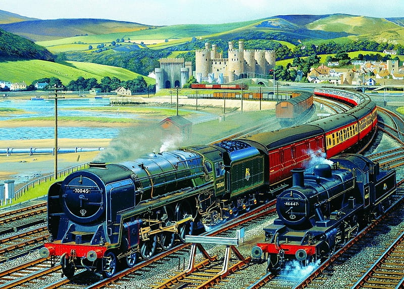 Ride the Rails - Gateway to Snowdonia, locomotives, trains, painting, steam, castle, artwork, England, HD wallpaper