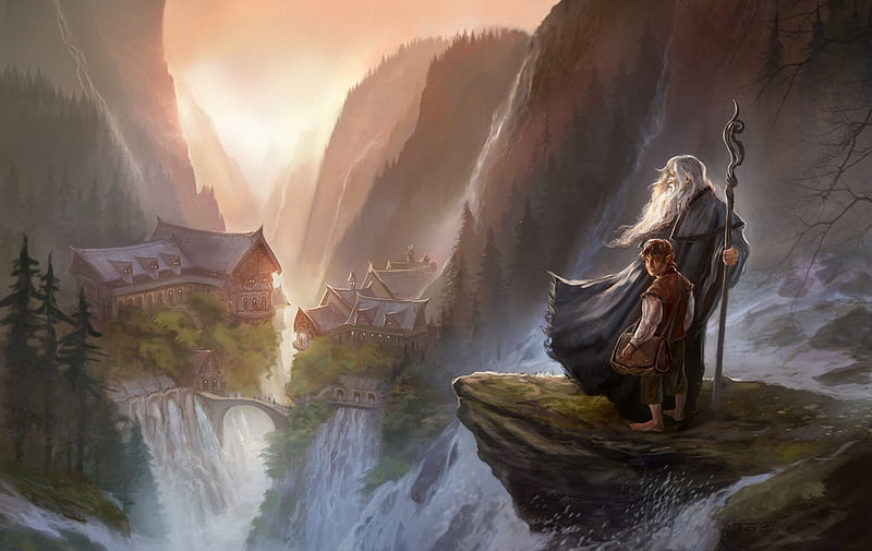 Gandalf and Bilbo, lord of the rings, the hobbit, art, rivendell, luminos, bilbo, an unexpected journey, man, wizard, fantasy, lotr, gandalf, HD wallpaper