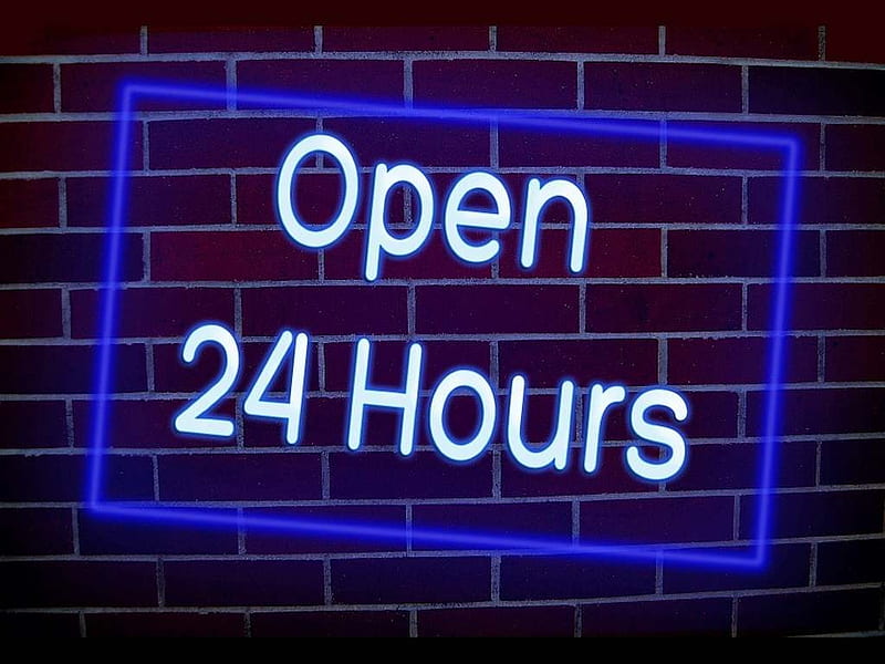 Open 24 Hours Sign, Sign, Open, Funny, Neon Blue, Blue, HD wallpaper
