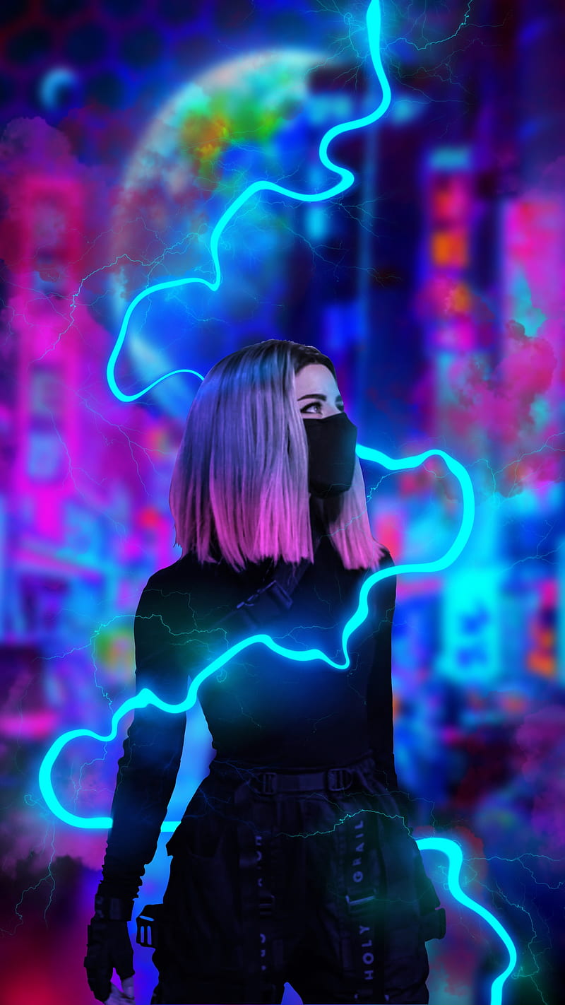 lightning power, girl, blue, city, darkness neon, sky, storm, HD phone wallpaper