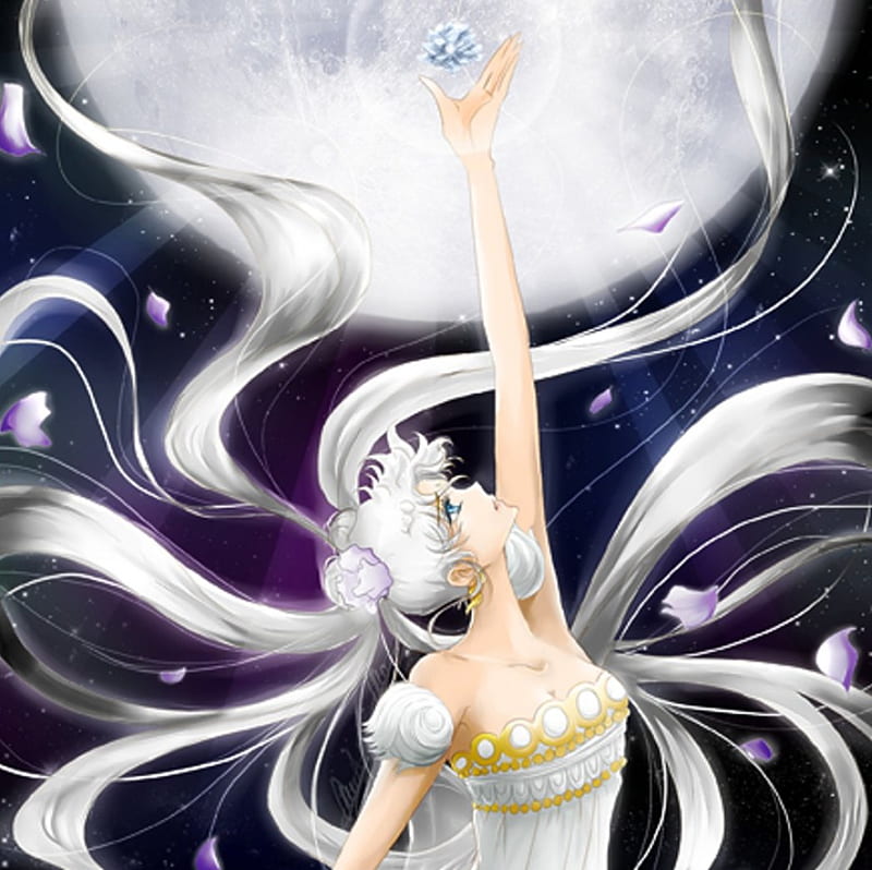 Moon Crystal, pretty, white hair, magic, sweet, serena, nice, fantasy, anime, sailor moon, beauty, anime girl, long hair, lovely, twintail, gown, serenity, crystal, maiden, dress, divine, bonito, elegant, twin tail, moon, tsukino usagi, sailormoon, gorgeous, usagi, female, twintails, usagi tsukino, twin tails, princess serenity, tsukino, girl, petals, silver hair, lady, angelic, HD wallpaper