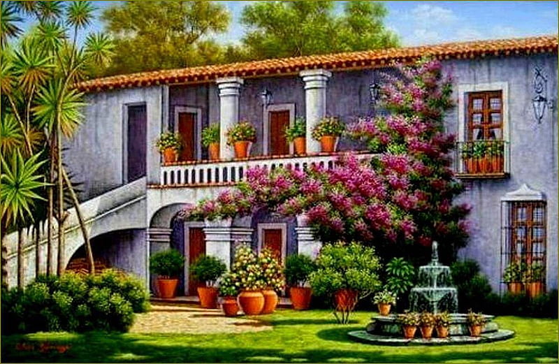 By Arturo Zarraga, painting, flower, house, Arturo Zarraga, HD wallpaper