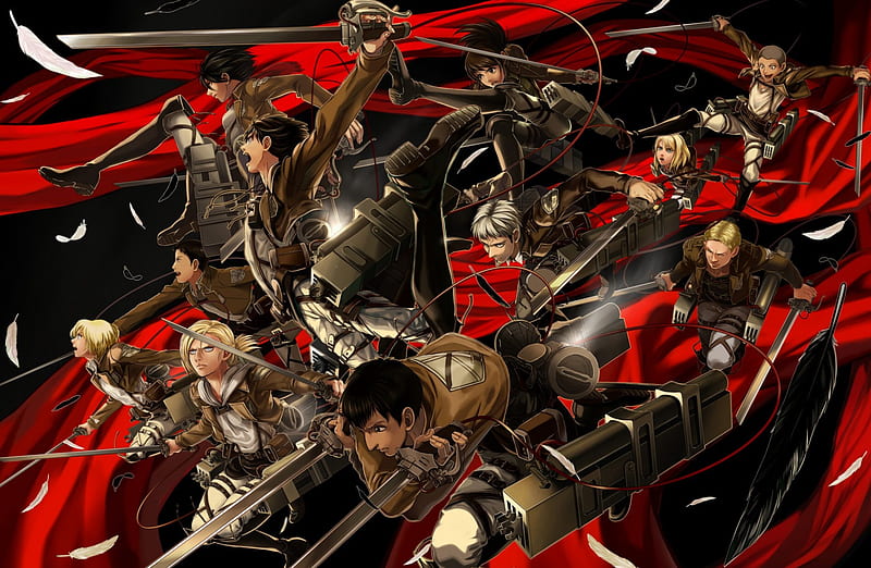 Survey Corps Anime, Sword, Black Hair, Mikasa Ackerman, Red Scarf, Brown Hair, Attack on Titan, Eren Jaeger, HD wallpaper