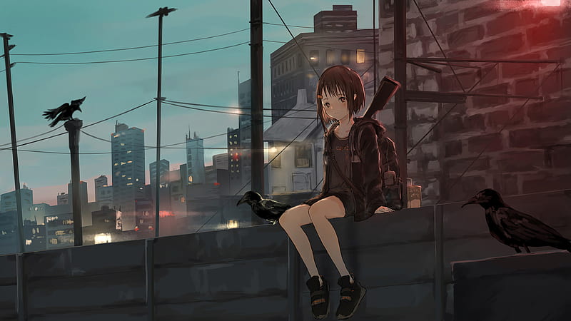 Anime Girl Sitting Alone Roof Sad , anime-girl, anime, artist, artwork, digital-art, HD wallpaper