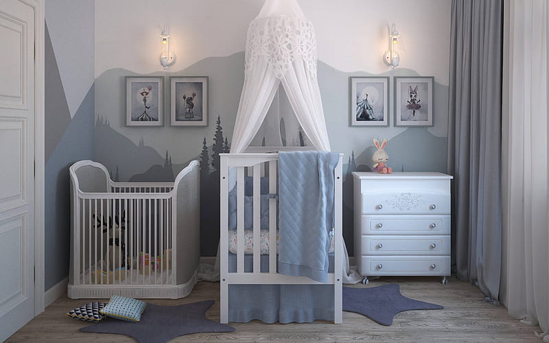 Nursery, interior, room, blue, HD wallpaper