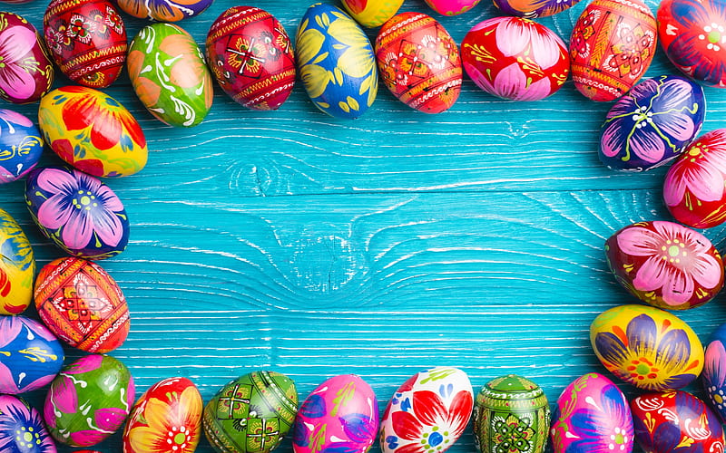 Easter eggs, decorated eggs, blue wooden background, boards, Happy Easter, frame from eggs, HD wallpaper