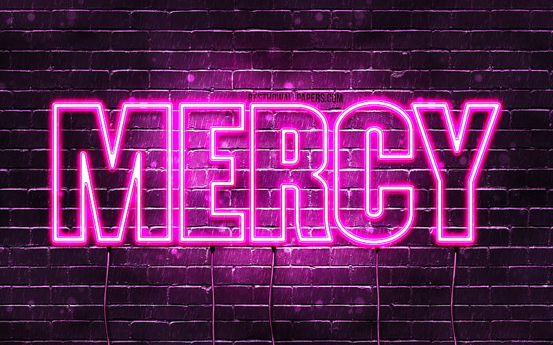 Mercy with names, female names, Mercy name, purple neon lights, Happy Birtay Mercy, with Mercy name, HD wallpaper