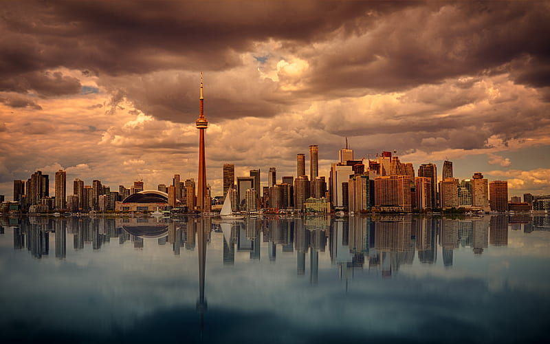 CN Tower, urban skyline, Toronto, Canada, Ontario lake, cityscape, skyscrapers, TV tower, HD wallpaper