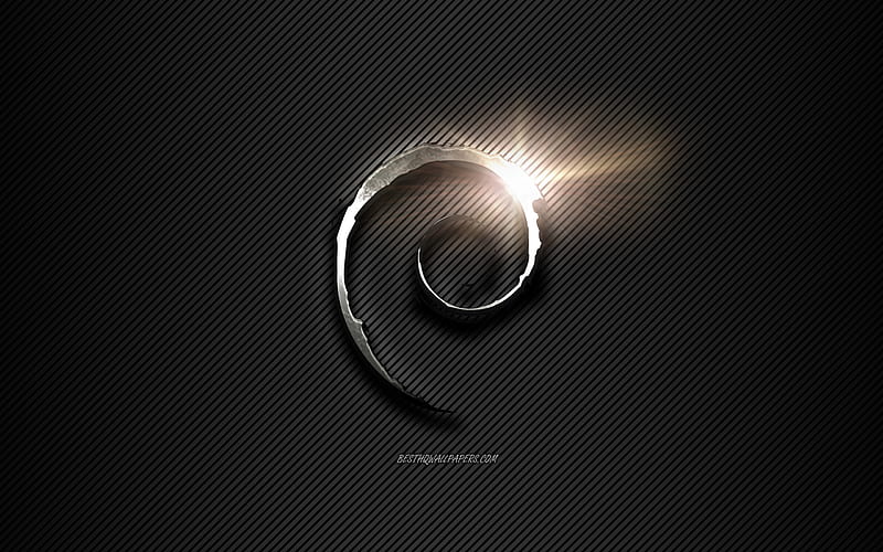 Debian Metal logo, black lines background, black carbon background, Debian logo, emblem, metal art, Debian, Linux, HD wallpaper